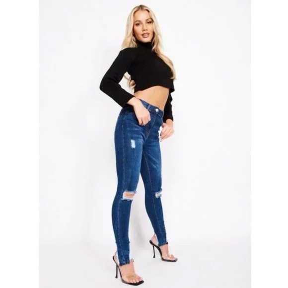 Blue High Waist Ripped Distressed Split Hem Skinny Jeans Denim Pants - Picture 4 of 13